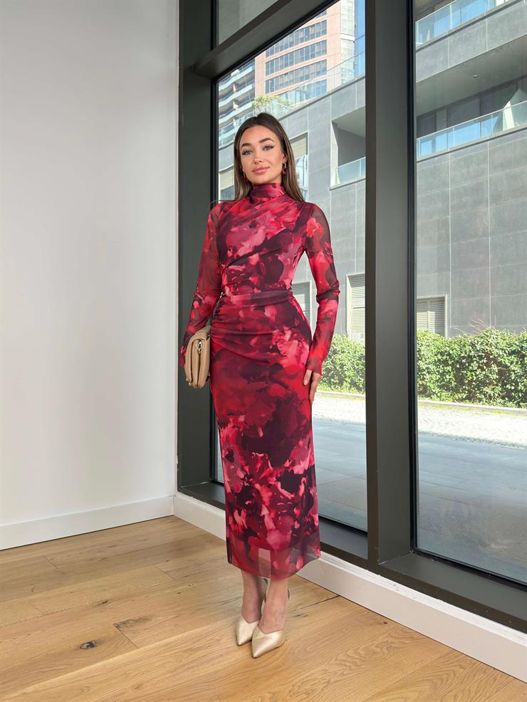 Balıkçı Yaka Uzun Kol Drapeli Opşın Desenli Fuşya Kadın Elbise 25Y122