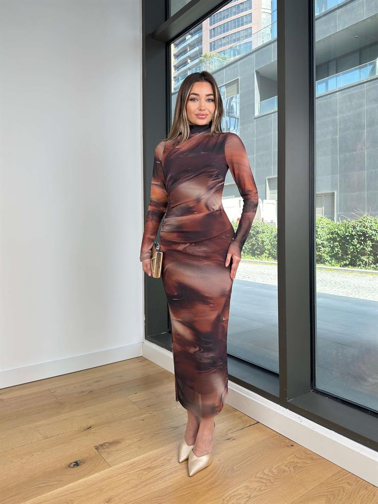 Balıkçı Yaka Uzun Kol Drapeli Opşın Desenli Kahve Kadın Elbise 25Y122