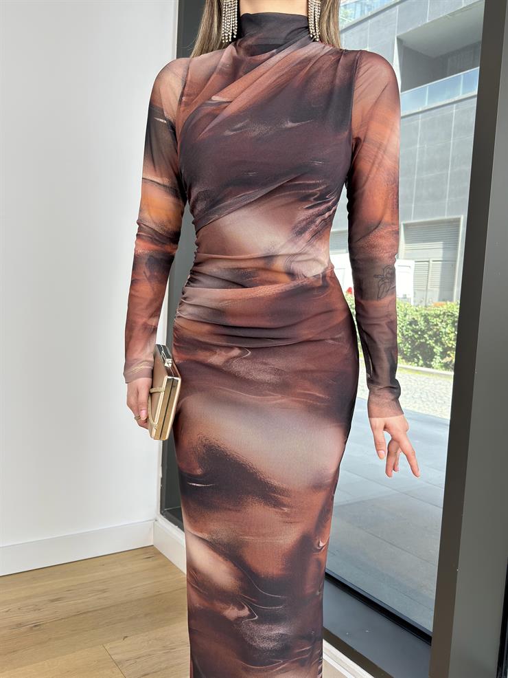 Balıkçı Yaka Uzun Kol Drapeli Opşın Desenli Kahve Kadın Elbise 25Y122