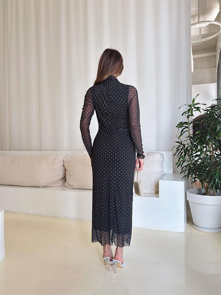 Balıkçı Yaka Uzun Kol Drapeli Puantiyeli Orbit Siyah Kadın Elbise 25Y121