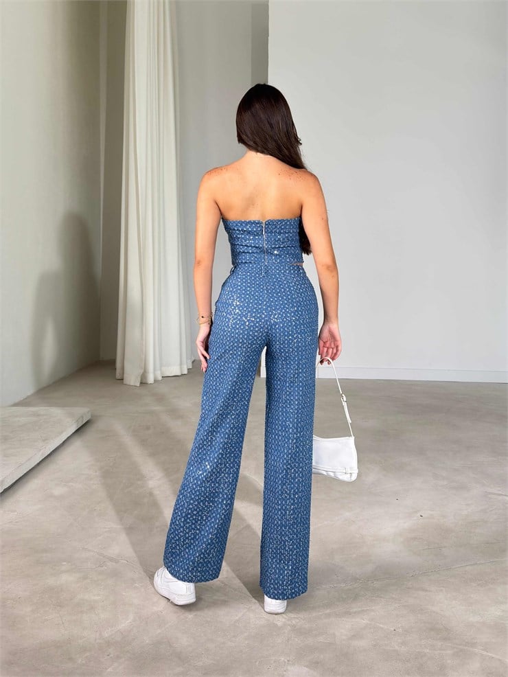 Straplez Parlak Görünümlü Denim Oregon İkili Kadın Takım 26Y602