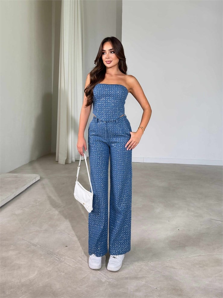Straplez Parlak Görünümlü Denim Oregon İkili Kadın Takım 26Y602