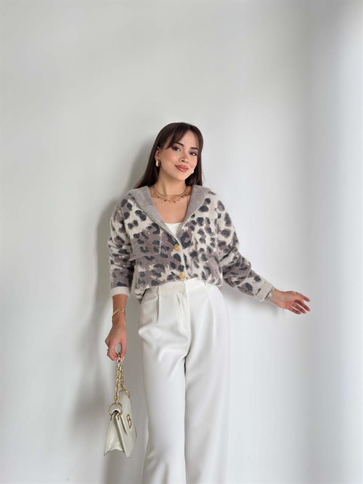 Desenli Kapüşonlu Önü Cepli Orende Taş Kadın Hırka 26K158