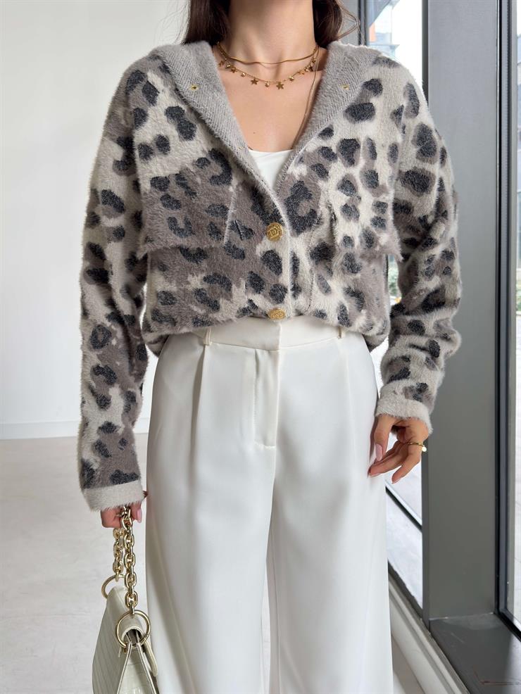 Desenli Kapüşonlu Önü Cepli Orende Taş Kadın Hırka 26K158