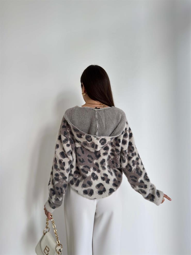 Desenli Kapüşonlu Önü Cepli Orende Taş Kadın Hırka 26K158