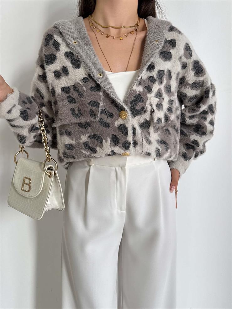 Desenli Kapüşonlu Önü Cepli Orende Taş Kadın Hırka 26K158