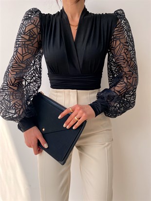 Organze Kol Kadın Siyah Bodysuit 21K000314