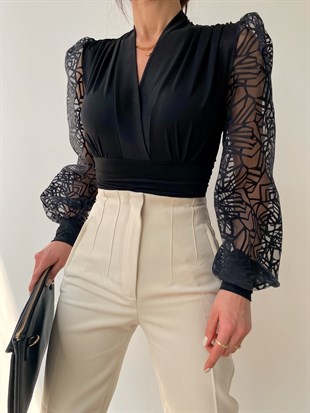 Organze Kol Kadın Siyah Bodysuit 21K000314