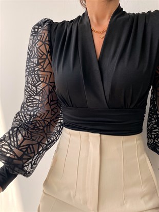 Organze Kol Kadın Siyah Bodysuit 21K000314