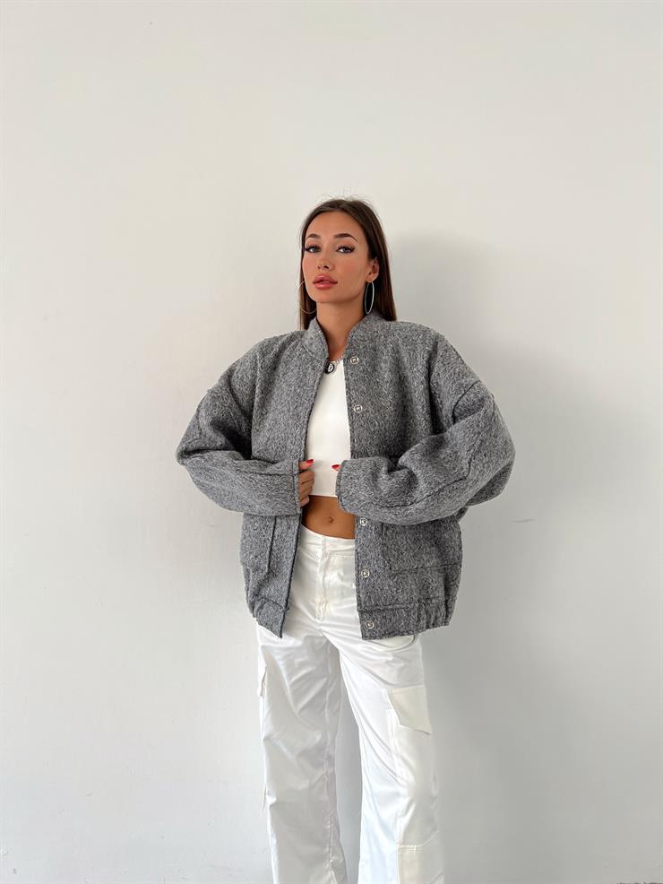 Önü Çıtçıt Kapamalı Büyük Cep Görünümlü Orrel Kadın Gri Oversize Ceket 23K000463