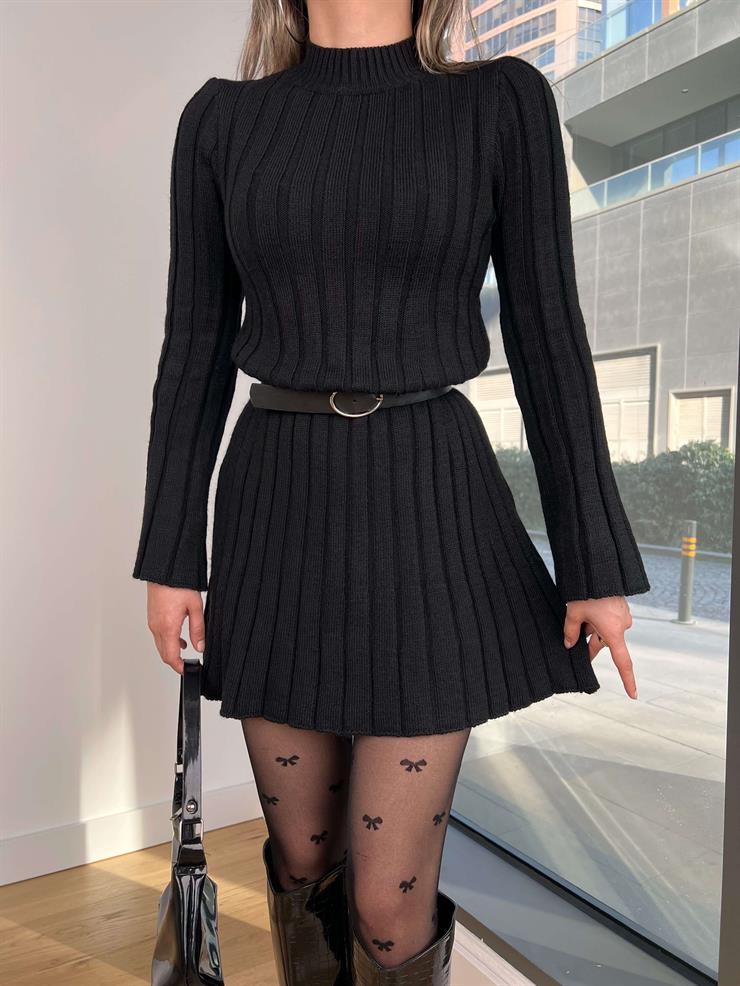 Yarım Boğazlı Uzun Kol Orsun Siyah Kadın Triko Elbise 25Y019