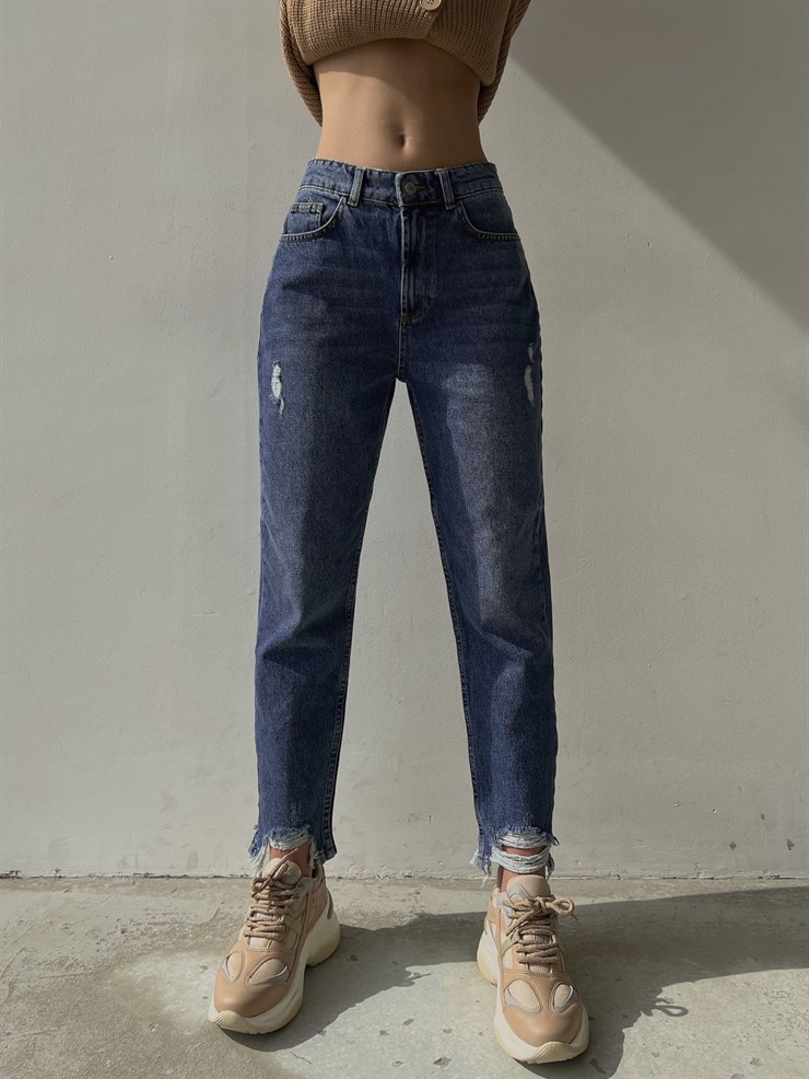 Orta Bel Paçası Yırtık Detay Çift Cepli Kadın Izacco Mavi Mom Jeans 23K000048