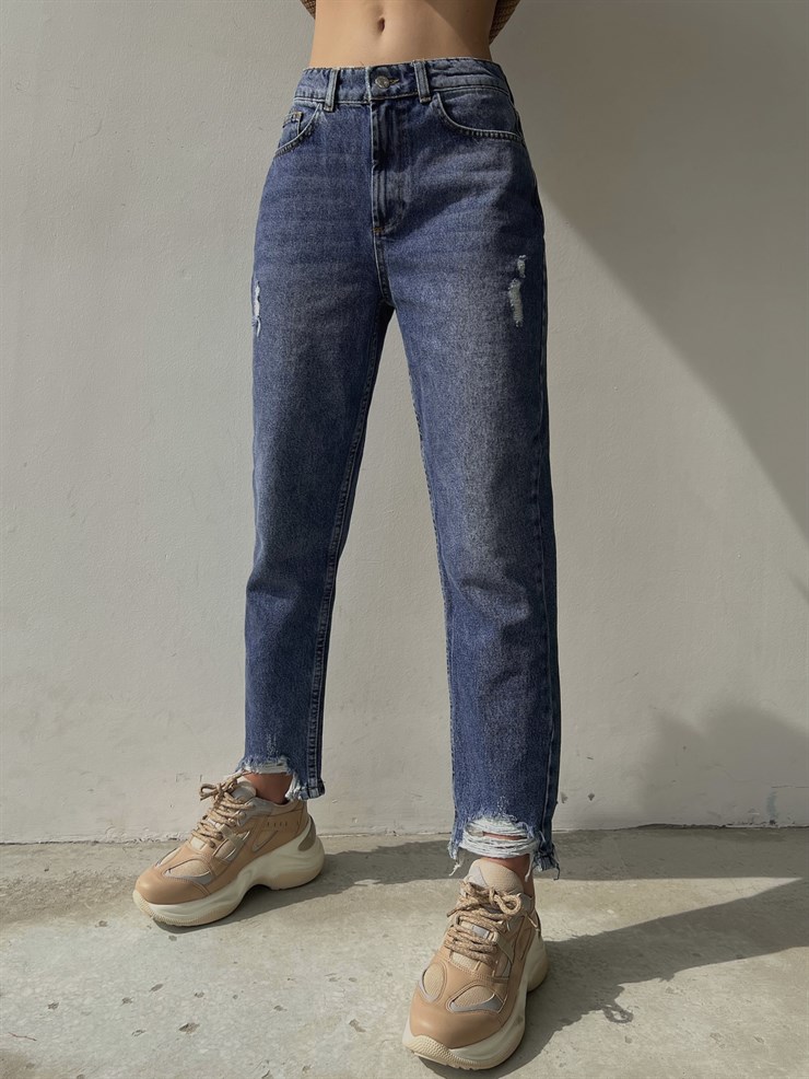 Orta Bel Paçası Yırtık Detay Çift Cepli Kadın Izacco Mavi Mom Jeans 23K000048