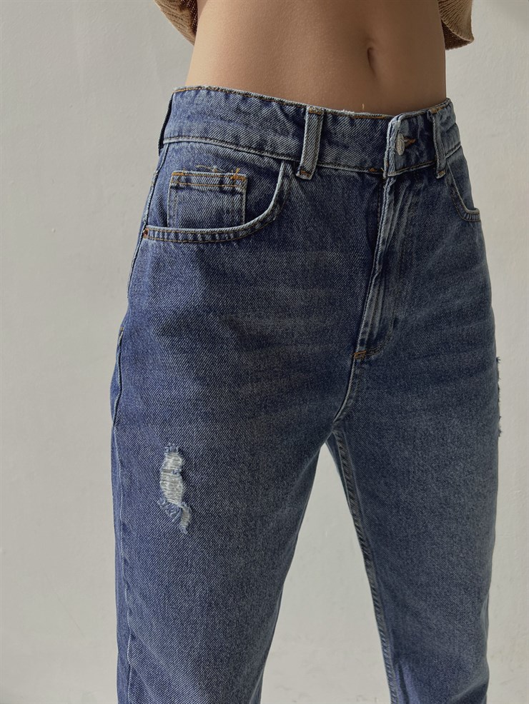 Orta Bel Paçası Yırtık Detay Çift Cepli Kadın Izacco Mavi Mom Jeans 23K000048