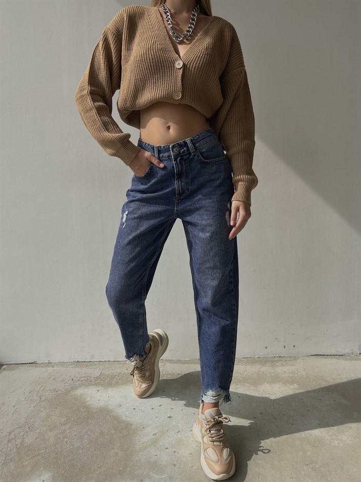 Orta Bel Paçası Yırtık Detay Çift Cepli Kadın Izacco Mavi Mom Jeans 23K000048