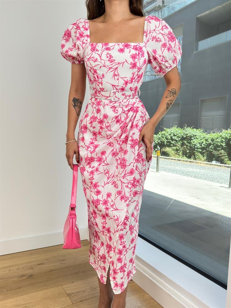 Kare Yaka Balon Kol Bel Kısmı Büzgü Detaylı Osama Kadın Pembe Elbise 24Y739