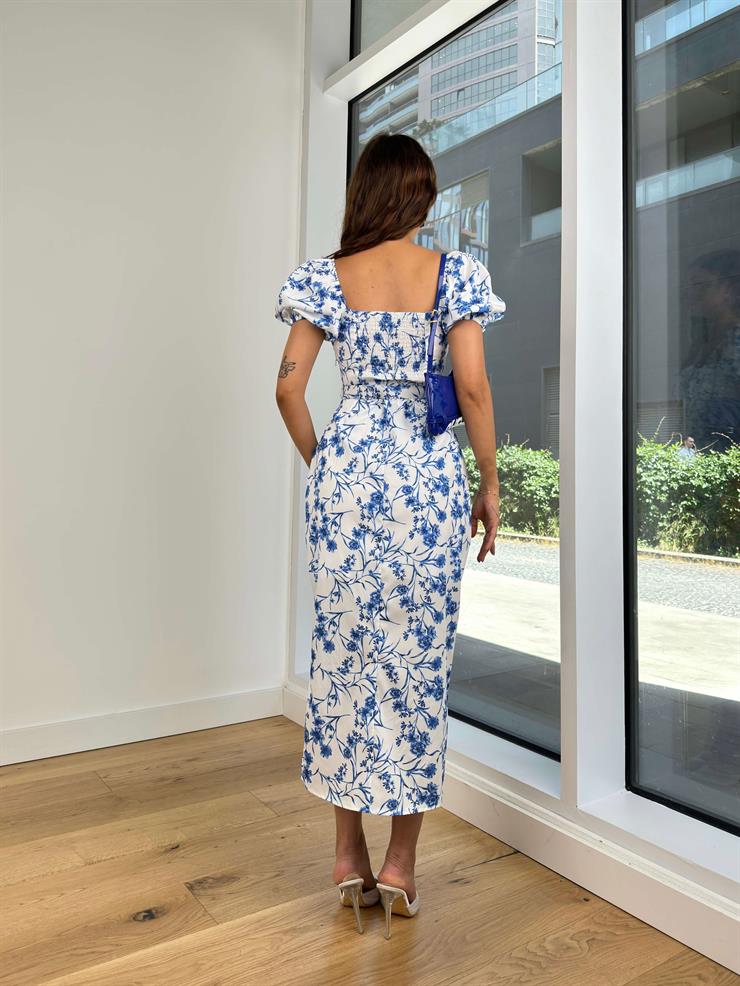 Kare Yaka Balon Kol Bel Kısmı Büzgü Detaylı Osama Kadın Mavi Elbise 24Y739