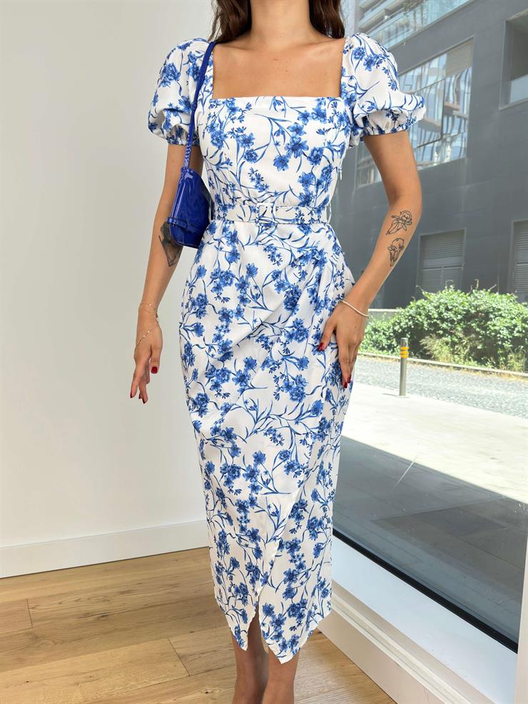 Kare Yaka Balon Kol Bel Kısmı Büzgü Detaylı Osama Kadın Mavi Elbise 24Y739