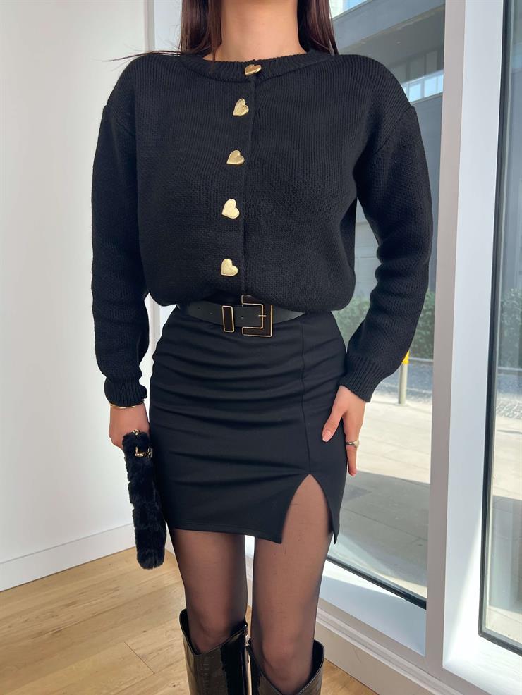 Kalp Düğmeli Osdan Siyah Kadın Triko Hırka 25K312