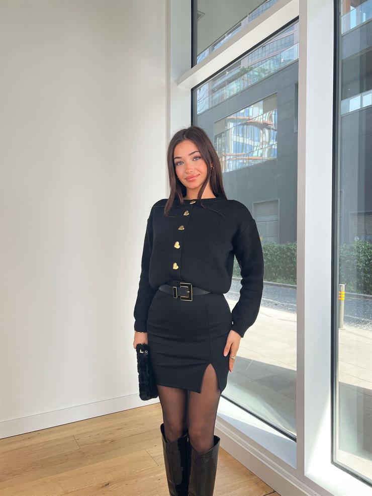 Kalp Düğmeli Osdan Siyah Kadın Triko Hırka 25K312