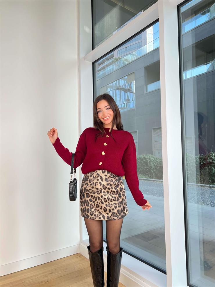 Kalp Düğmeli Osdan Bordo Kadın Triko Hırka 25K312