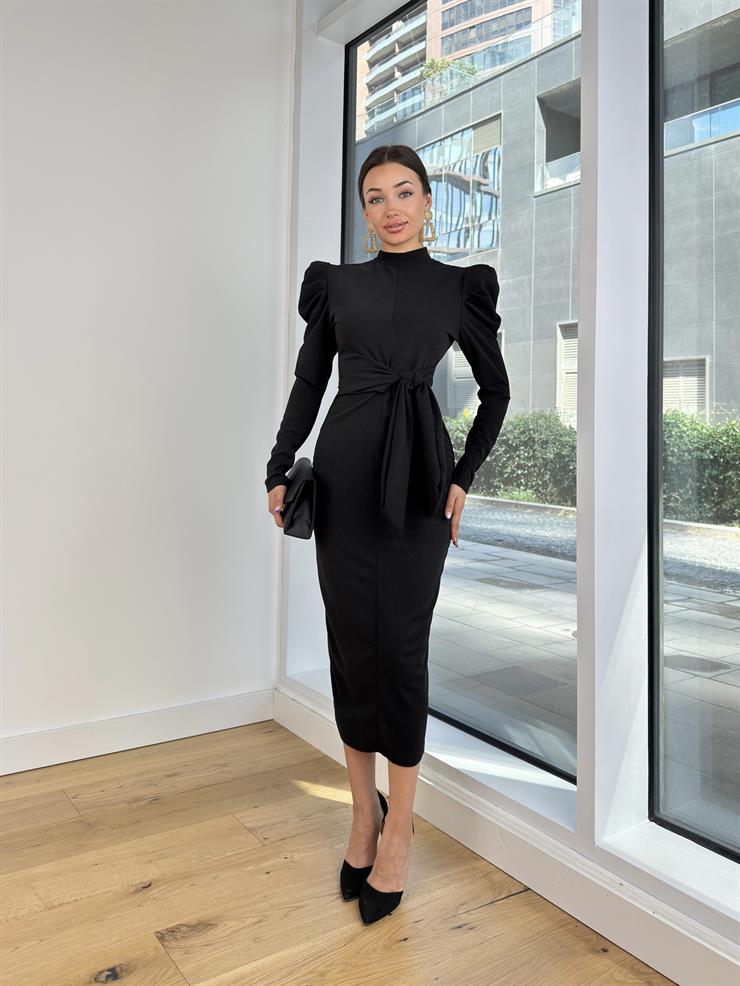 Önden Bağlamalı Omuz Detaylı Osiel Kadın Siyah Midi Elbise 25K122