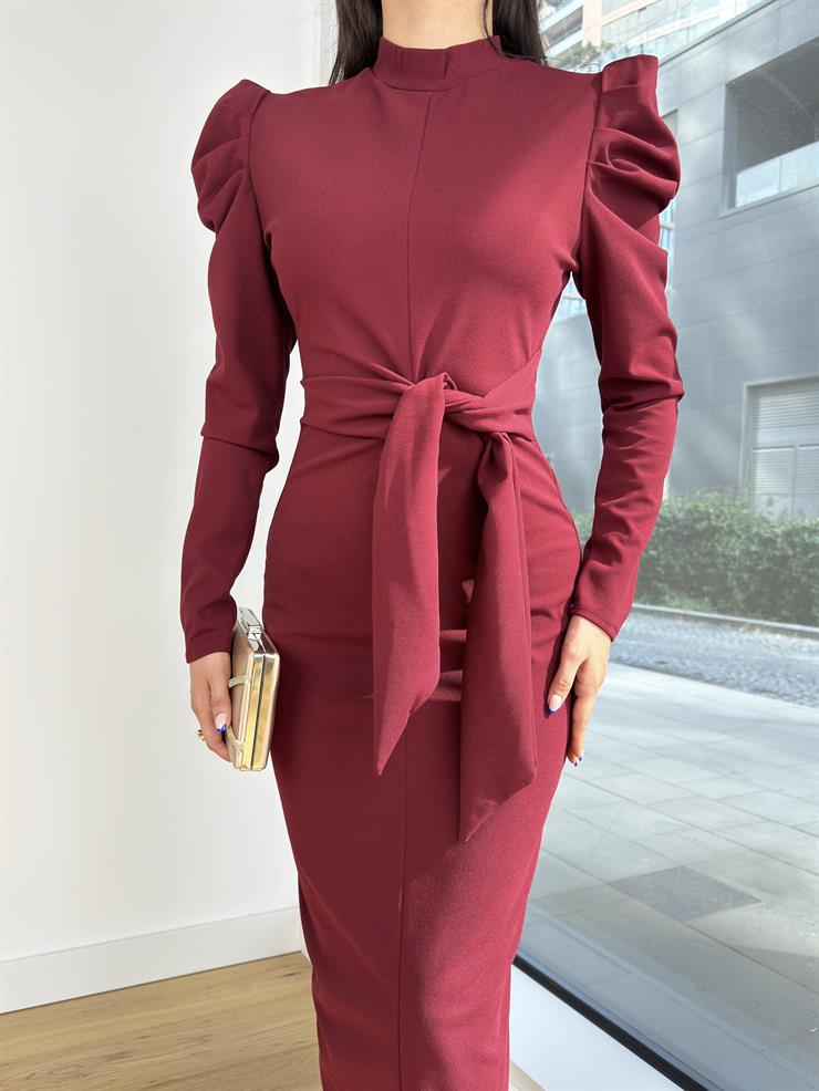 Önden Bağlamalı Omuz Detaylı Osiel Kadın Bordo Midi Elbise 25K122