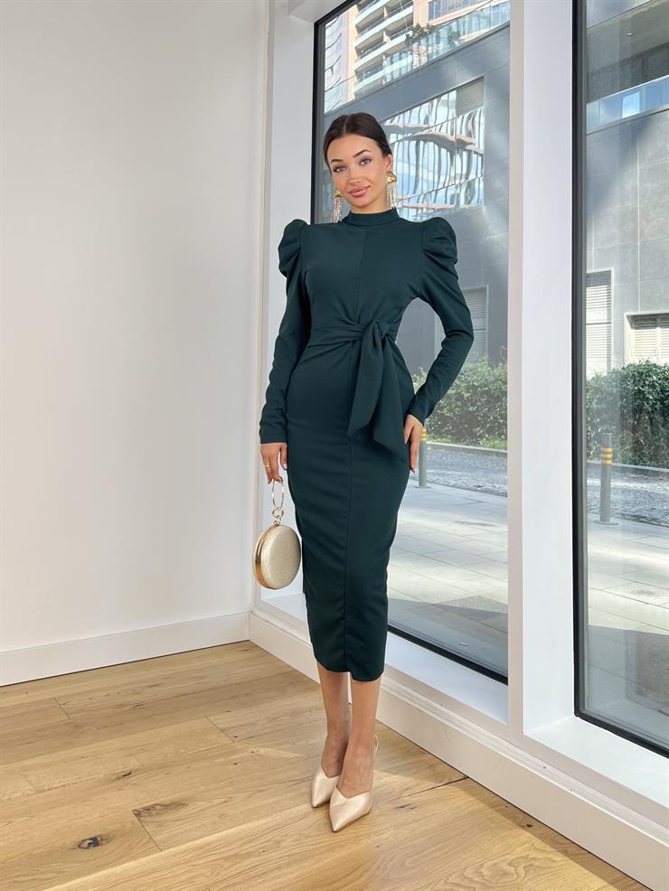 Önden Bağlamalı Omuz Detaylı Osiel Kadın Zümrüt Midi Elbise 25K122