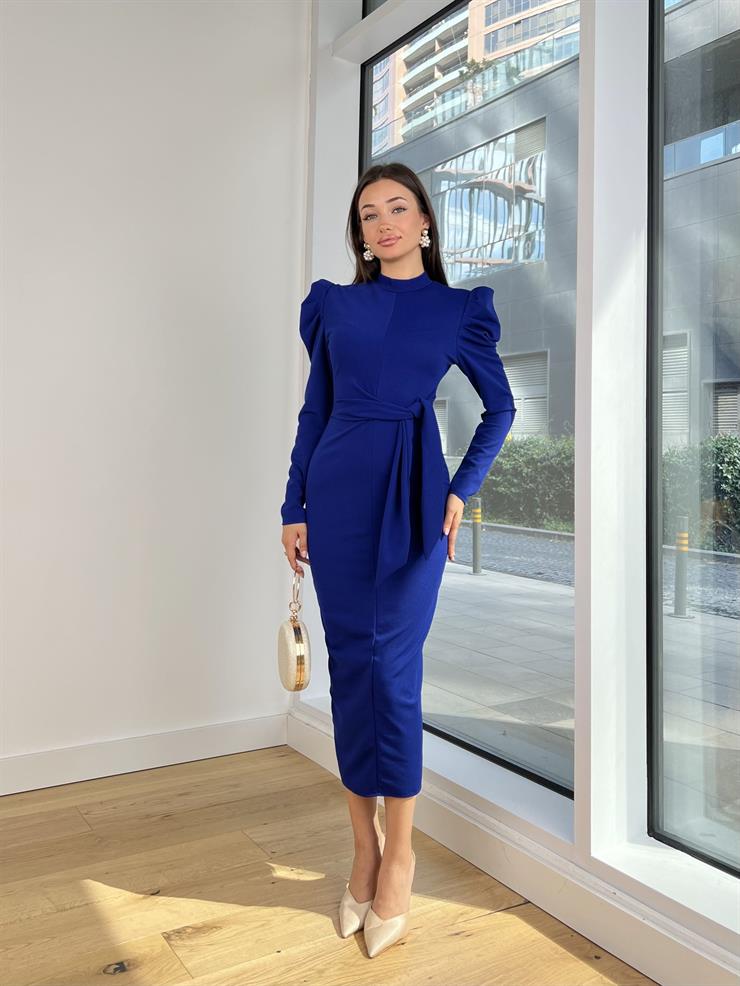 Önden Bağlamalı Omuz Detaylı Osiel Kadın Saks Midi Elbise 25K122