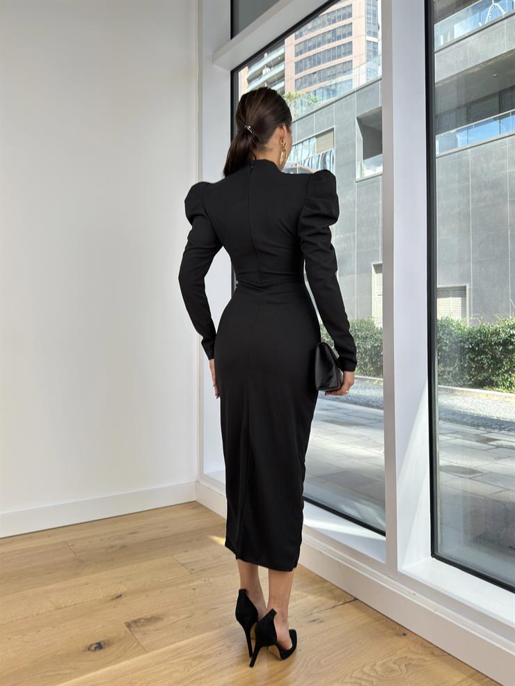 Önden Bağlamalı Omuz Detaylı Osiel Kadın Siyah Midi Elbise 25K122