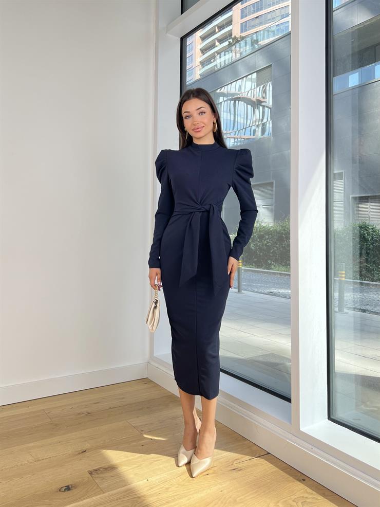 Önden Bağlamalı Omuz Detaylı Osiel Kadın Lacivert Midi Elbise 25K122