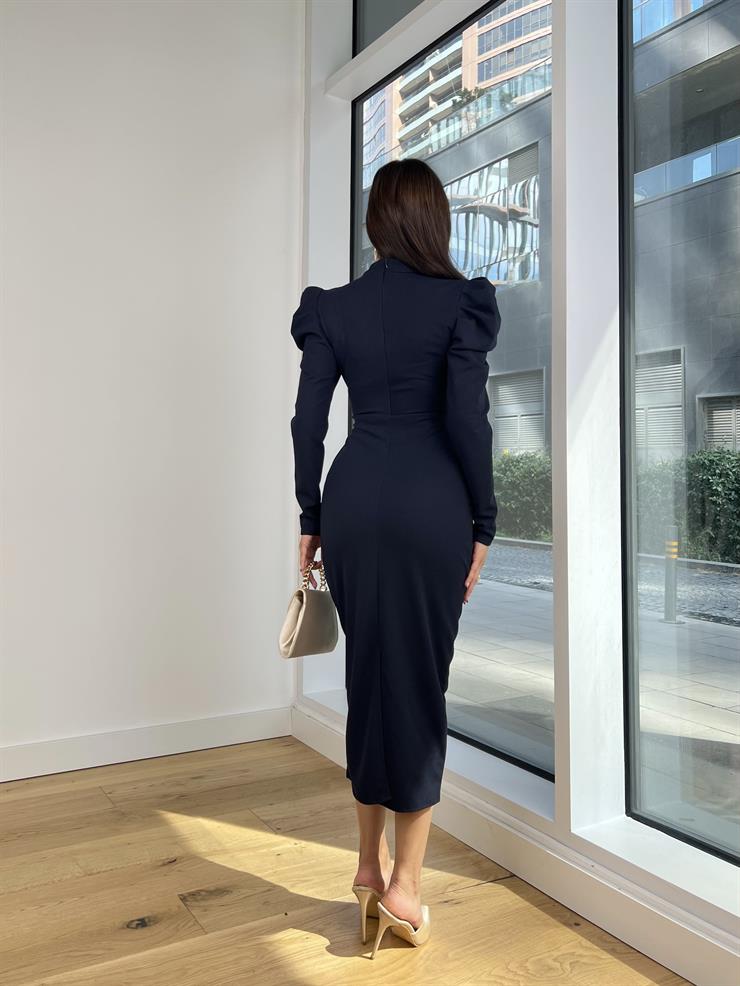 Önden Bağlamalı Omuz Detaylı Osiel Kadın Lacivert Midi Elbise 25K122