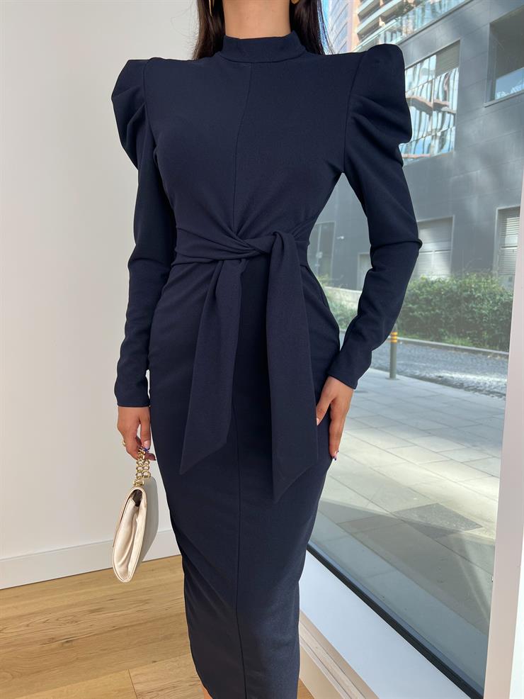 Önden Bağlamalı Omuz Detaylı Osiel Kadın Lacivert Midi Elbise 25K122