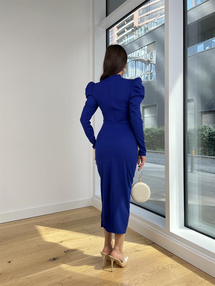 Önden Bağlamalı Omuz Detaylı Osiel Kadın Saks Midi Elbise 25K122