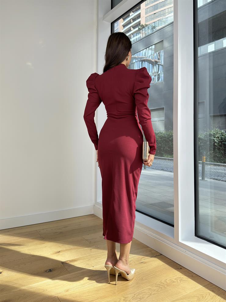 Önden Bağlamalı Omuz Detaylı Osiel Kadın Bordo Midi Elbise 25K122