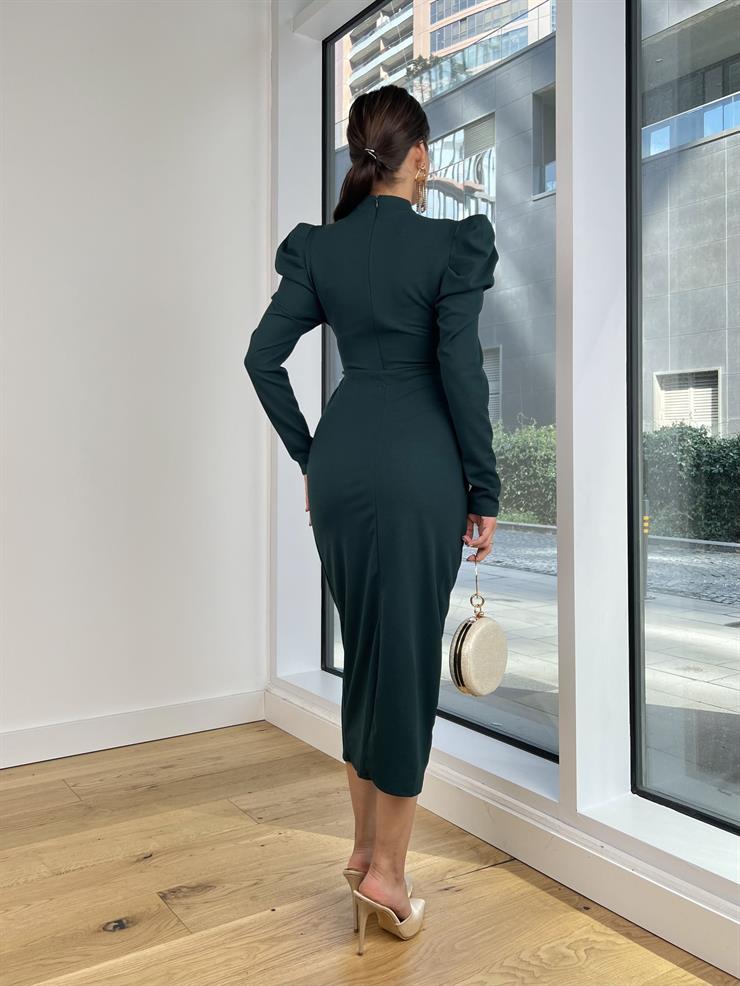 Önden Bağlamalı Omuz Detaylı Osiel Kadın Zümrüt Midi Elbise 25K122