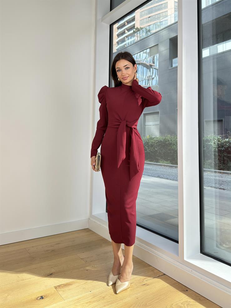 Önden Bağlamalı Omuz Detaylı Osiel Kadın Bordo Midi Elbise 25K122