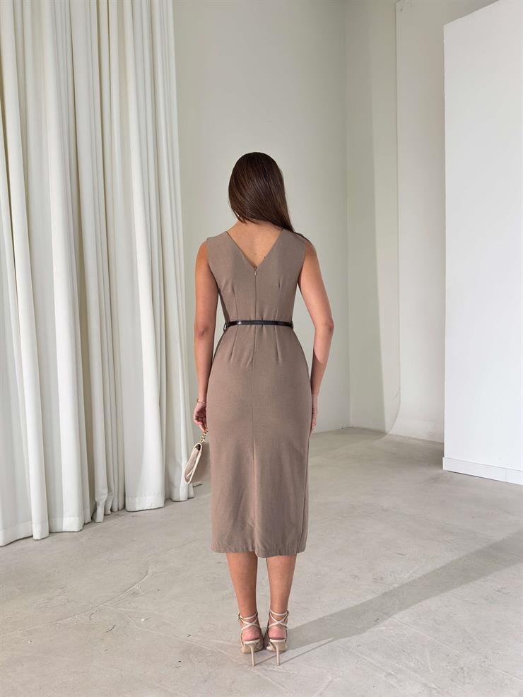 Yırtmaçlı Kemerli Drape Detaylı Sıfır Kol Otis Vizon Kadın Elbise 26K416