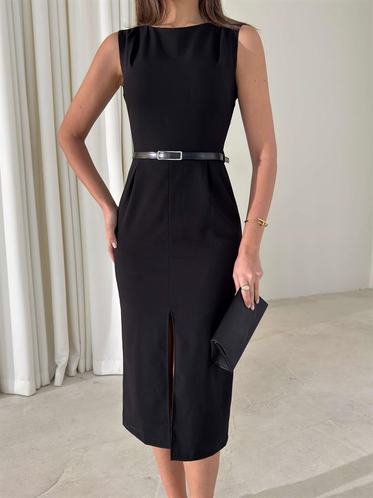 Yırtmaçlı Kemerli Drape Detaylı Sıfır Kol Otis Siyah Kadın Elbise 26K416