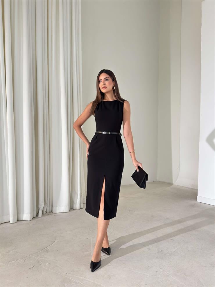 Yırtmaçlı Kemerli Drape Detaylı Sıfır Kol Otis Siyah Kadın Elbise 26K416
