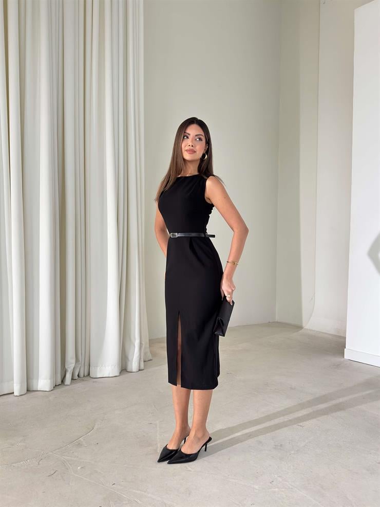 Yırtmaçlı Kemerli Drape Detaylı Sıfır Kol Otis Siyah Kadın Elbise 26K416