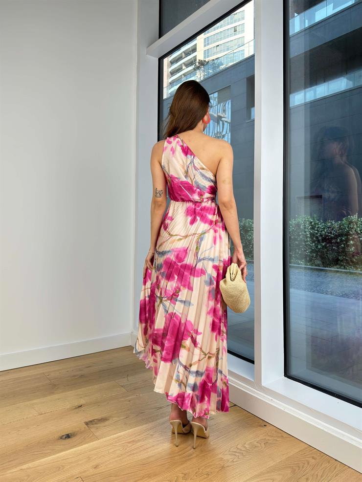 Tek Omuz Drapeli Ottılıe Kadın Çiçekli Fuşya Elbise 24Y621