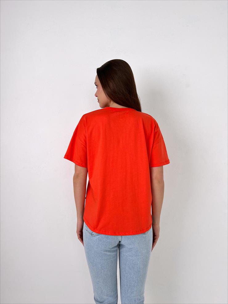 Bisiklet Yaka Kısa Kollu Oversize Basic Kadın Turuncu Tişört 23Y000097