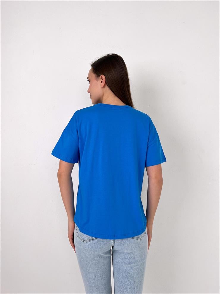 Bisiklet Yaka Kısa Kollu Oversize Basic Kadın Saks Tişört 23Y000097