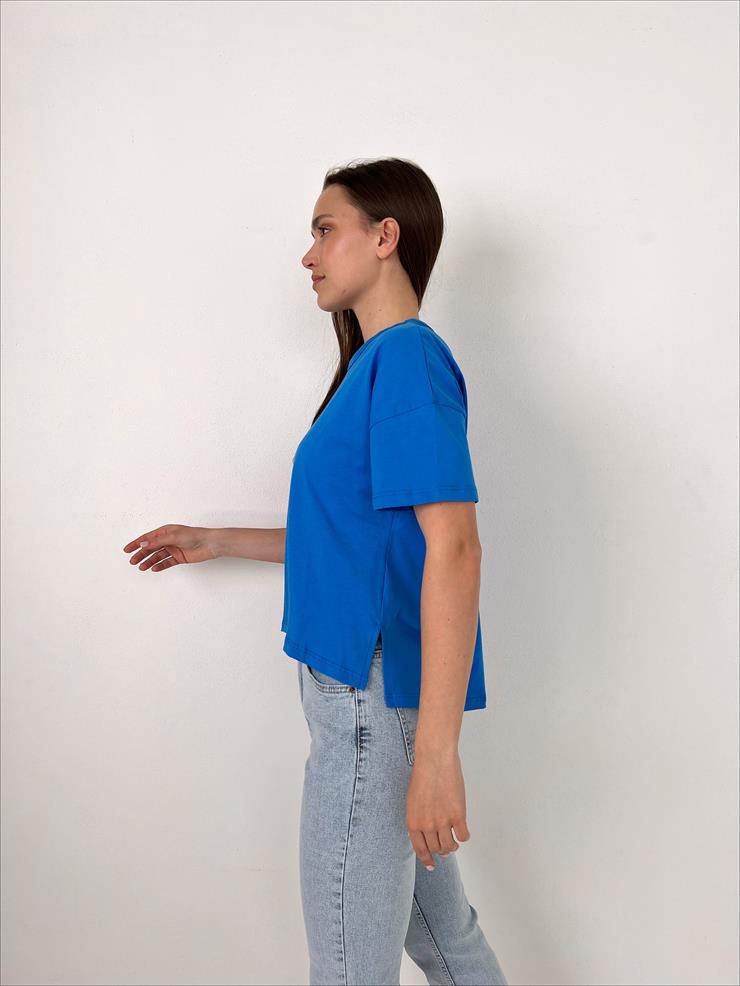 Bisiklet Yaka Kısa Kollu Oversize Basic Kadın Saks Tişört 23Y000097