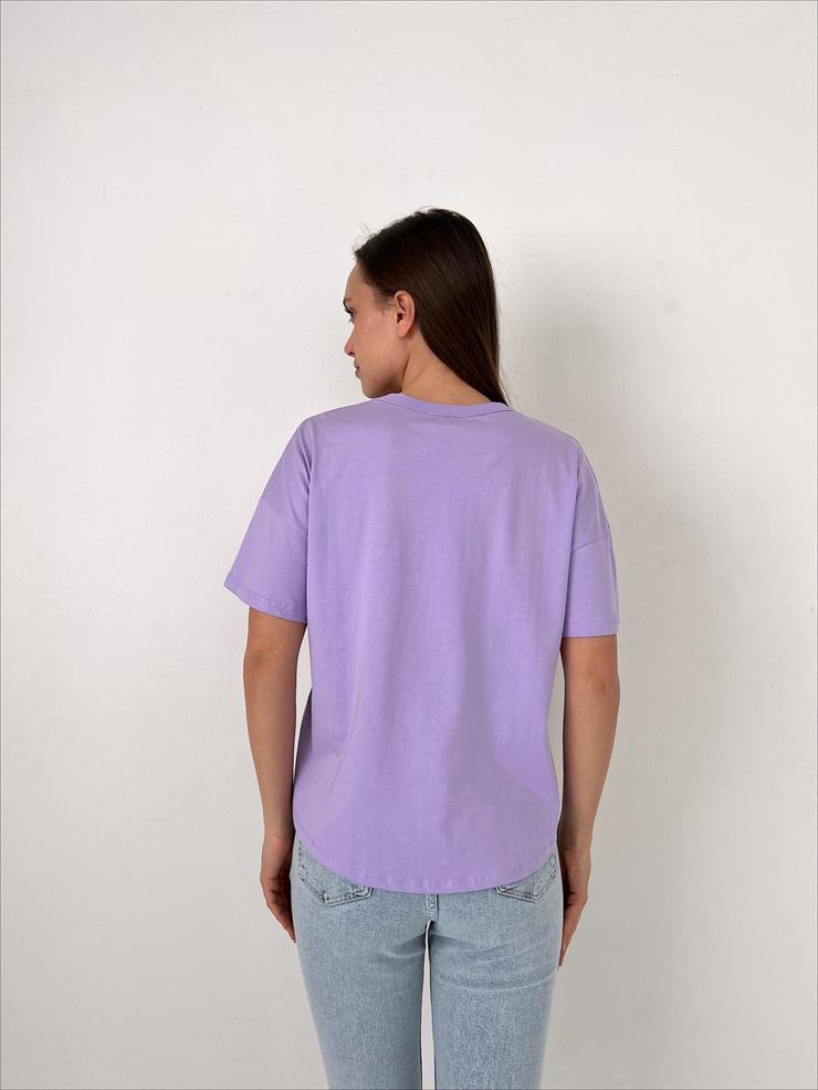 Bisiklet Yaka Kısa Kollu Oversize Basic Kadın Lila Tişört 23Y000097