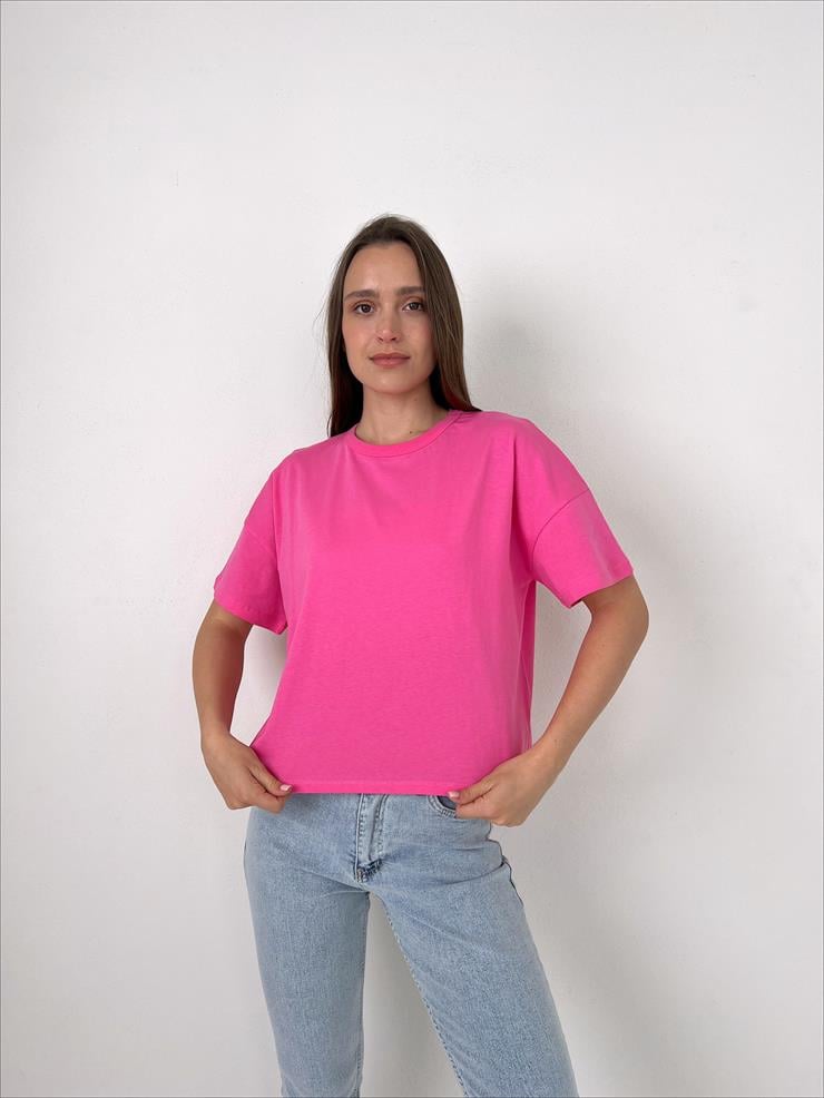 Bisiklet Yaka Kısa Kollu Oversize Basic Kadın Pembe Tişört 23Y000097