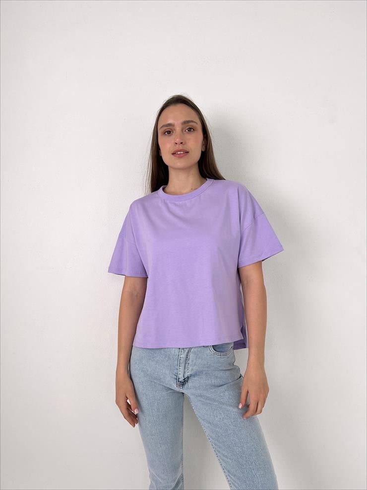 Bisiklet Yaka Kısa Kollu Oversize Basic Kadın Lila Tişört 23Y000097