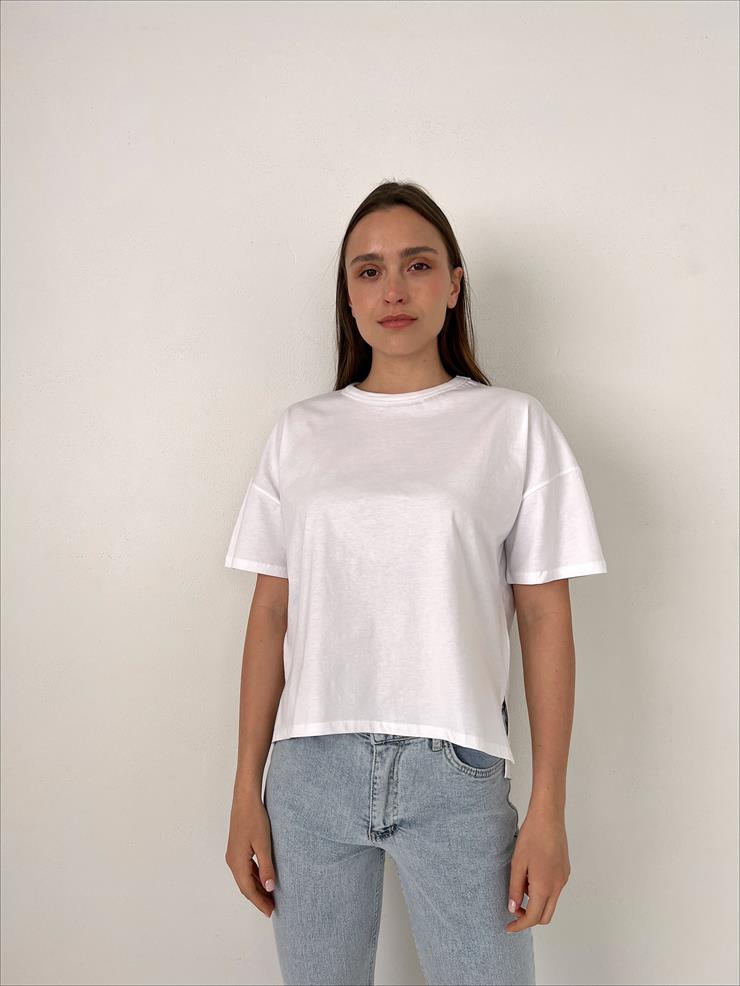 Bisiklet Yaka Kısa Kollu Oversize Basic Kadın Beyaz Tişört 23Y000097