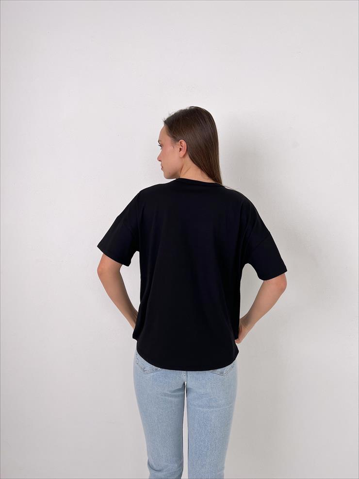 Bisiklet Yaka Kısa Kollu Oversize Basic Kadın Siyah Tişört 23Y000097